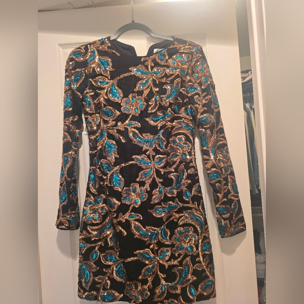 Dress the Population Black Dress with Blue and Gold Sequins